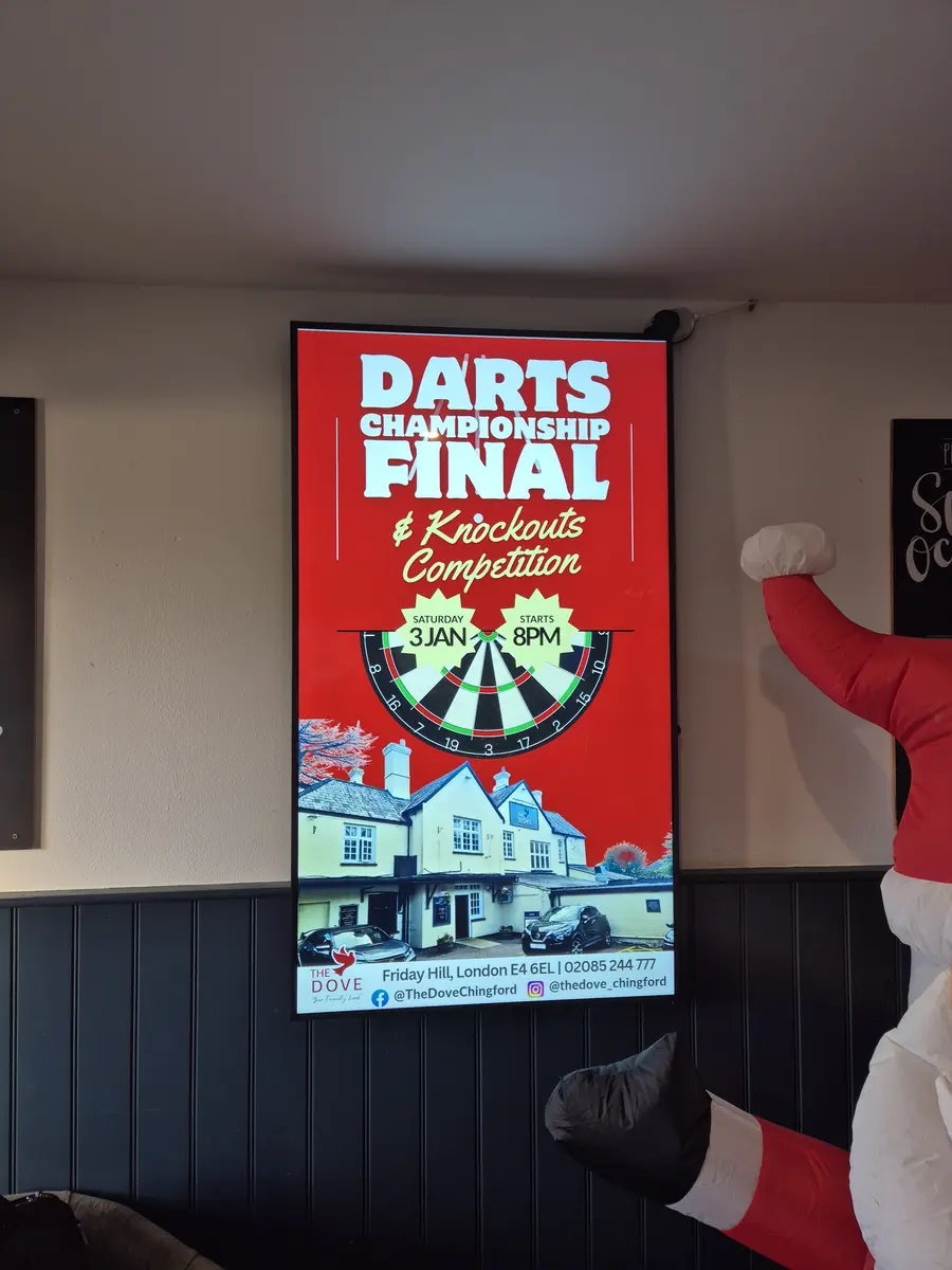 Commercial digital display in a pub promoting weekend events.